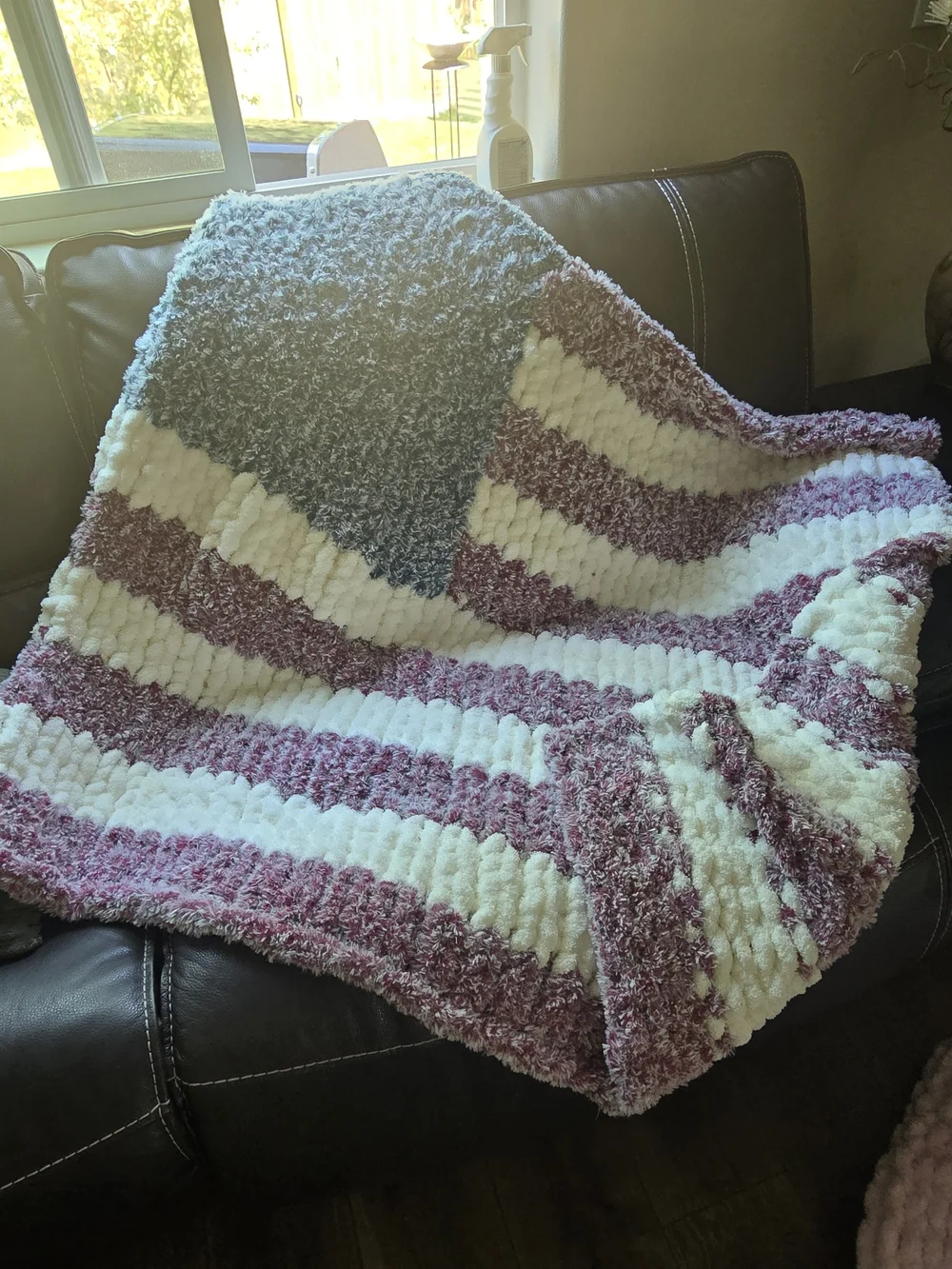 Hand Made Cozy Chenille Stripe Throw Blanket - Cream & Mauve